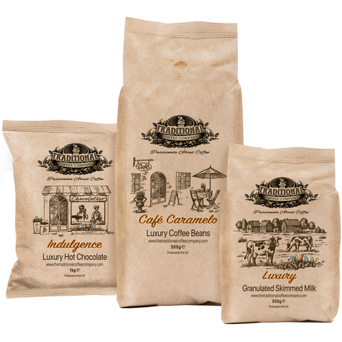 The Traditional Coffee Company Coffee Beans 500g Café Caramelo Blend / 1kg Indulgence Hot Chocolate / 500g Granulated Skimmed Milk Coffee, Milk & Hot Chocolate Value Pack